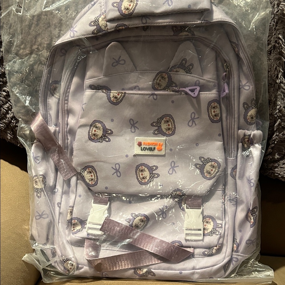 Cute Lavender Backpack with Cartoon Faces